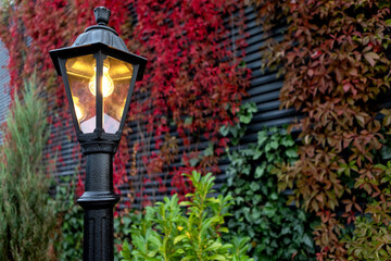 Black retro styled street lamp post with warm light on at dusk near colorful wall