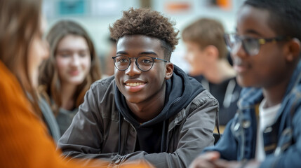 Obraz premium Portrait of group students African American guy talking in debate session in school, discussing topics, education. 