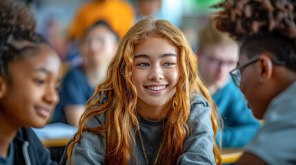 Portrait of group students engaging in debate session in school, discussing topics, education. Diversity and conversation for future development.
