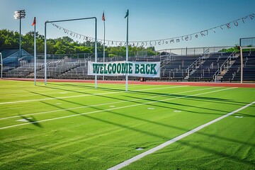 A sports field with freshly cut grass, goalposts, and a large "Welcome Back" banner strung across the bleachers