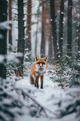 Fototapeta premium a fox is walking through the snow in the woods