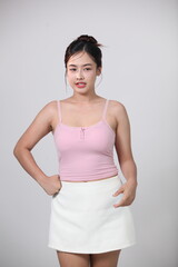Beautiful young asian woman with clean fresh skin on white background, Face and skin care