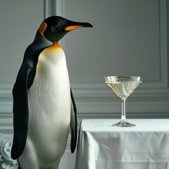 a penguin standing next to a martini glass