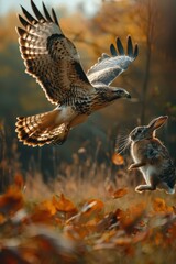 Fototapeta premium a hawk and a rabbit are flying over a field