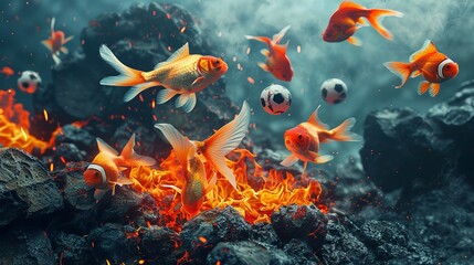 Surreal Goldfish in Fiery Landscape