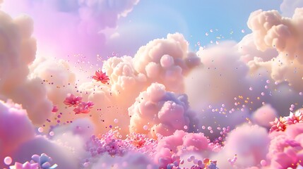 Dreamy Pastel Clouds with Floating Flowers and Sparkles