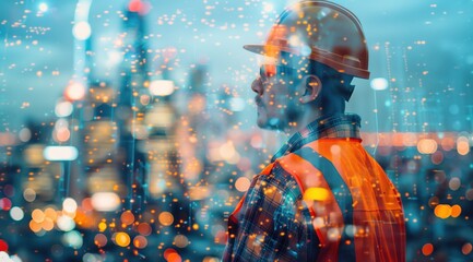 Double exposure of a construction worker and city skyline