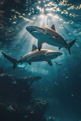 two sharks swimming in the ocean