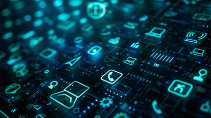 Abstract background with glowing black metal icons on a digital screen