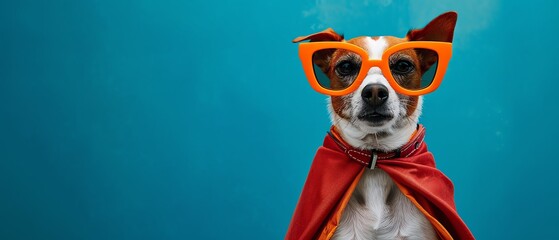 Dog in red cape and large orange sunglasses, blue background, humorous superhero theme