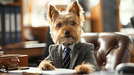 Dog in suit and tie, office setting, professional and charming