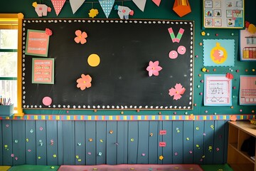 A spotless blackboard in a cozy classroom, with colorful paper cutouts and charts adorning the walls