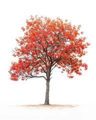 A single red elm tree stands in fall foliage, isolated against a white background