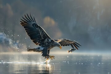 an eagle takes off from the water with its wings spread