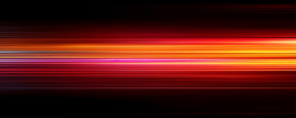 Abstract blurred background with colorful stripes of light on dark orange and black, horizontal lines with gradient effect, glowing and flowing in motion.