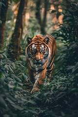 a tiger walking through the woods