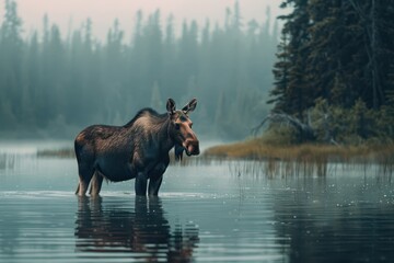 a moose is standing in the water on a foggy day