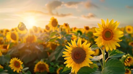 Obraz premium Sunflowers Following the Sun in a Beautiful Field at Sunset