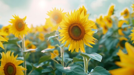 Fototapeta premium Beautiful Sunflower Field Under Bright Sunlight