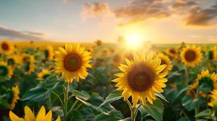 Fototapeta premium Sunlit Field of Blooming Sunflowers at Sunset