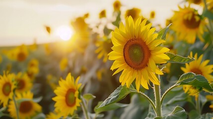 Fototapeta premium Beautiful Sunflowers in a Field at Sunset
