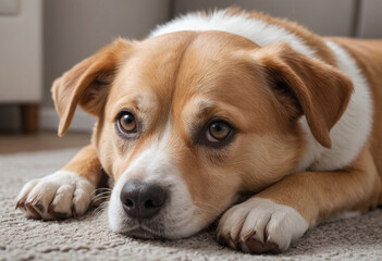  A dog looking content and relaxed after a long nap. 