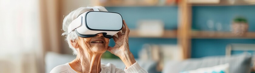 Elderly person using a virtual reality system, Alzheimer, immersive therapy innovation