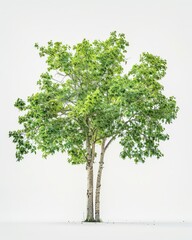 Obraz premium A lone sycamore maple tree with vibrant green leaves stands against a white backdrop