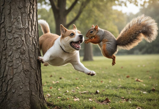  A dog playfully chasing a squirrel up a tree. 