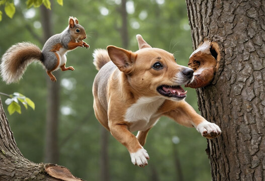  A dog playfully chasing a squirrel up a tree. 