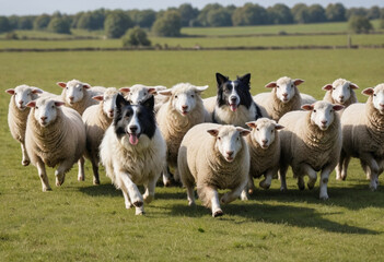 Fototapeta premium A sheepdog herding sheep across a field. 