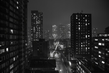 Night View of City Skyline with Lights and Trains