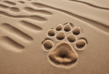 A close-up photo of a dogs paw prints in the sand.