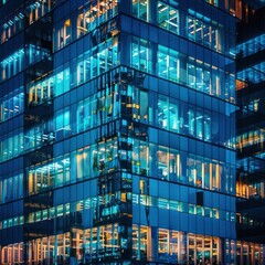 Obraz premium Modern Glass Building with Windows Illuminated at Night