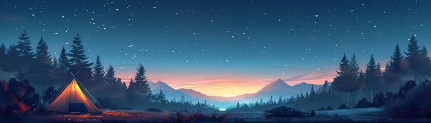 Naklejka premium Camping scene with glowing tent under starry sky