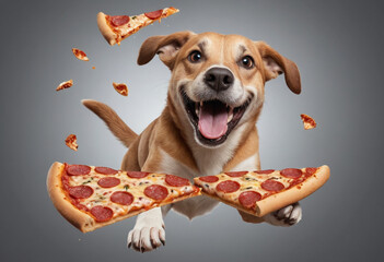  A dog with a big smile while catching a falling piece of pizza. 