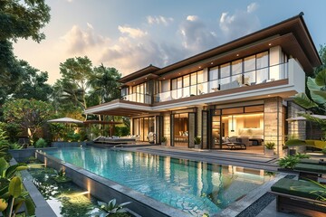Fototapeta premium 3d rendering of contemporary cozy house with pool and parking for sale or rent in luxurious style and beautiful landscaping on background. Clear summer evening with cozy light from window
