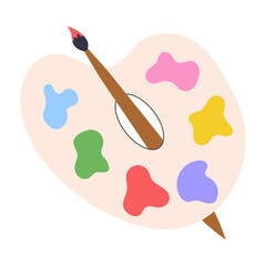 Art palette with paint brush. School supplies. Vector illustration.