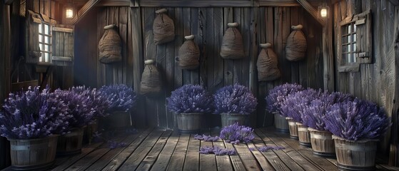 Lavender bundles drying in rustic barn