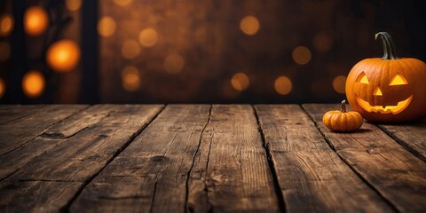 Wooden table top for product display on Halloween theme with pumpkins.