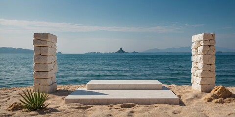 Obraz premium White stone podium with beach background Minimal scene podium for product presentation or advertising.
