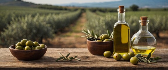 Old wooden product display table with natural green olive field and olive oil.