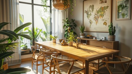 Fototapeta premium Sunlight Bathes a Cozy Dining Room with Wooden Table and Lush Greenery