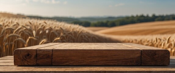 wooden podium for product presentation on blurry wheat field background.