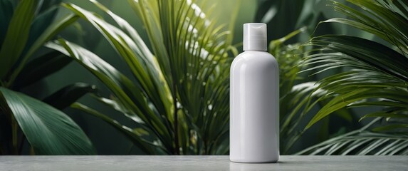 White blank tall shampoo bottle with tropical leaves on the green background with copy space, template mockup for cosmetic packaging, product advertising concept.