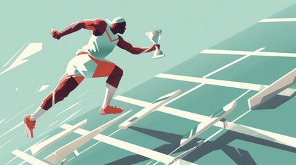 An athlete running on a zigzag path with hurdles, wearing sports gear, action pose