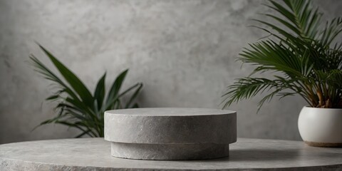 Round gray stone cosmetics product advertising podium stand with tropical leaves background Empty natural stone pedestal platform to display beauty product Mockup.