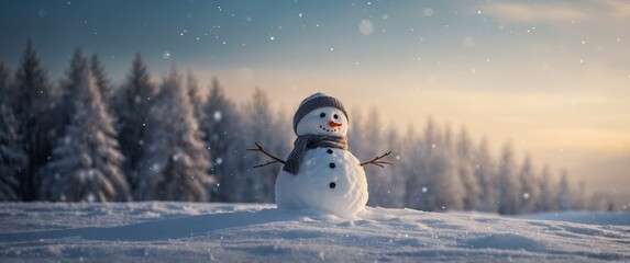 Background with snowman standing in snow on blurred winter snowy background Christmas and New Year mood.