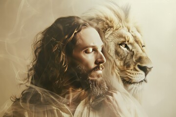 Jesus Christ and Lion. Religion and faith of Christianity concept. Biblical theme. Book of Genesis.