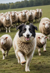 Obraz premium A sheepdog herding sheep across a field. 